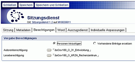Konfigurationsdokument Sitzungsdienst Reiter Berechtigungen
