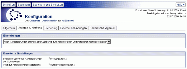 Konfigurationsdokument der Admindatenbank - Reiter Updates & Hotfixes